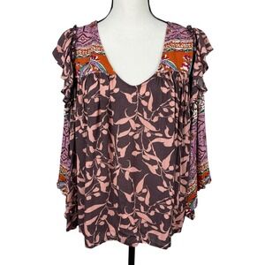 Easel Women's Top Large Boho Mixed Print V-Neck Ruffle Flutter Sleeve Blouse